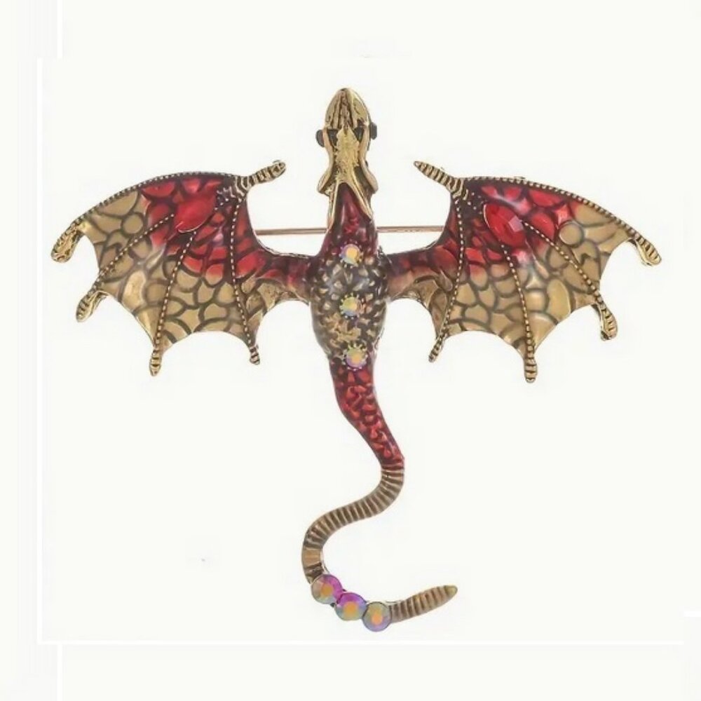 NWT Dragon Flying Pteradactyl Pin Brooch Fashion Jewelry RED/TAN Halloween